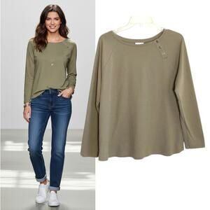 J. Jill Jersey Knit Top Women's Size L  Green Long sleeve Boatneck Pullover